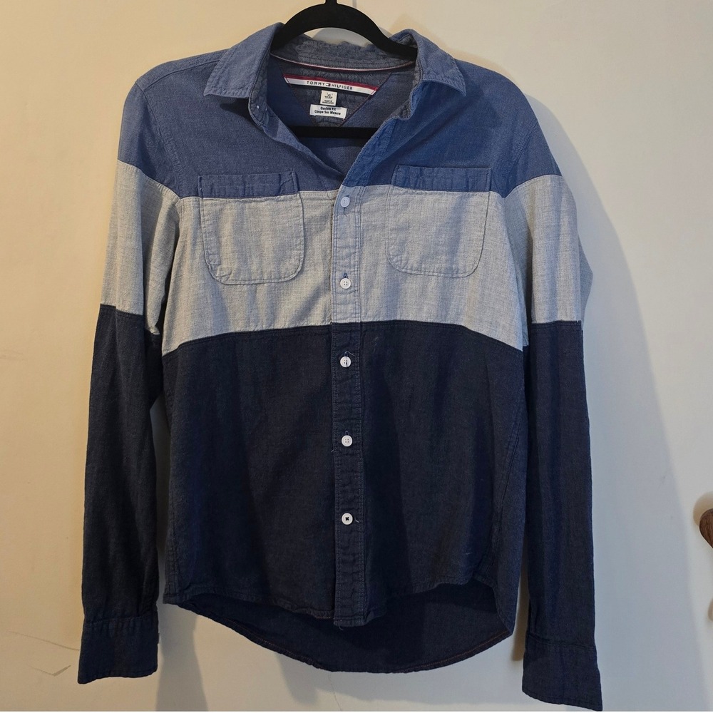 Tommy Hilfiger Mens XS Custom Fit Colorblock Button Down Shirt Blue Grey